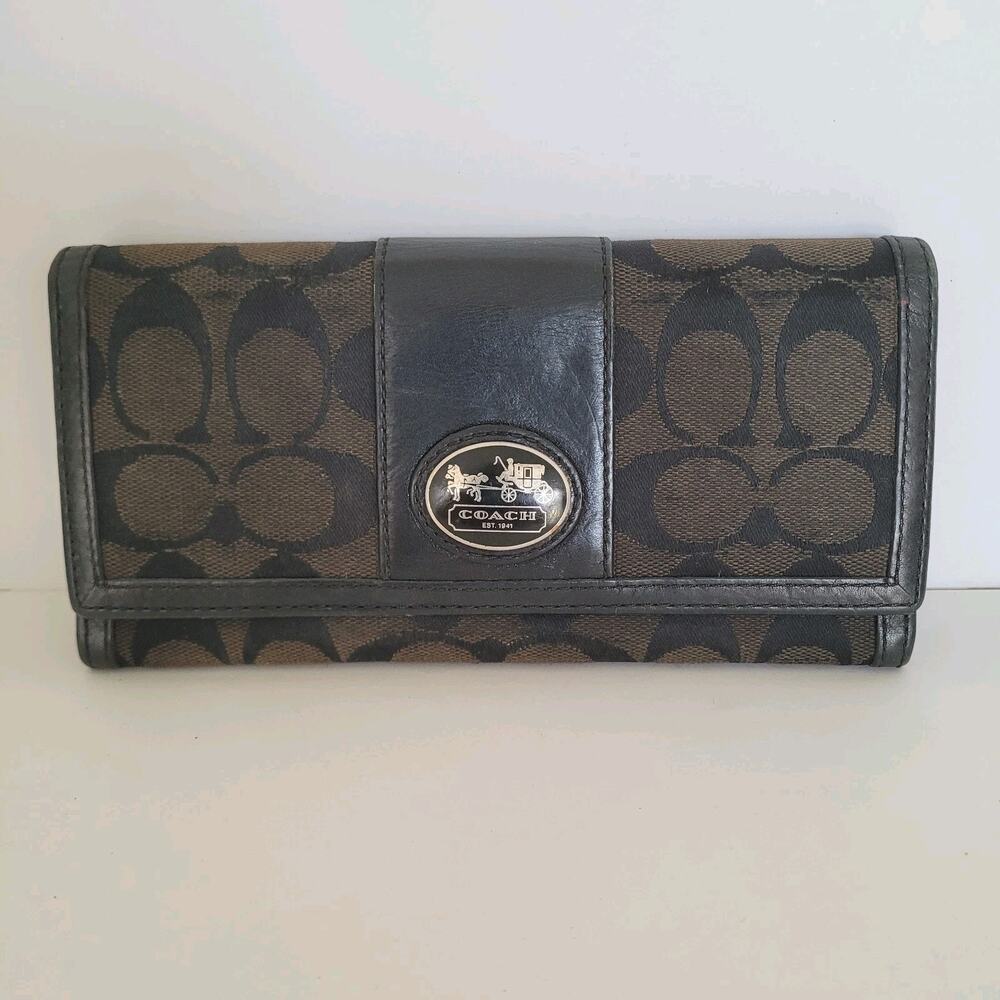Coach Wallet Canvas Leather Signature Black Envelope 7x4 Large Card Holder‎ Long